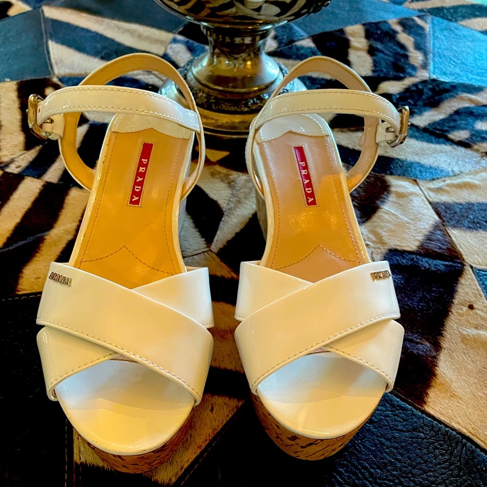 Prada platform sandals with patent and cork.